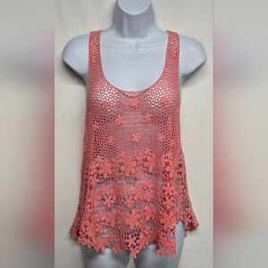 F.A.N.G S Fishnet Crochet Racerback Top Floral See Through Coral Color